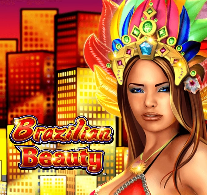 An artwork showcasing a woman with tanned skin and long brown hair, wearing a jewel-adorned carnival headdress bursting with colorful feathers. She gazes confidently at the viewer with a city skyline glowing warmly in the background. The title 'Brazilian Beauty' is featured in bold, golden text with a festive design.