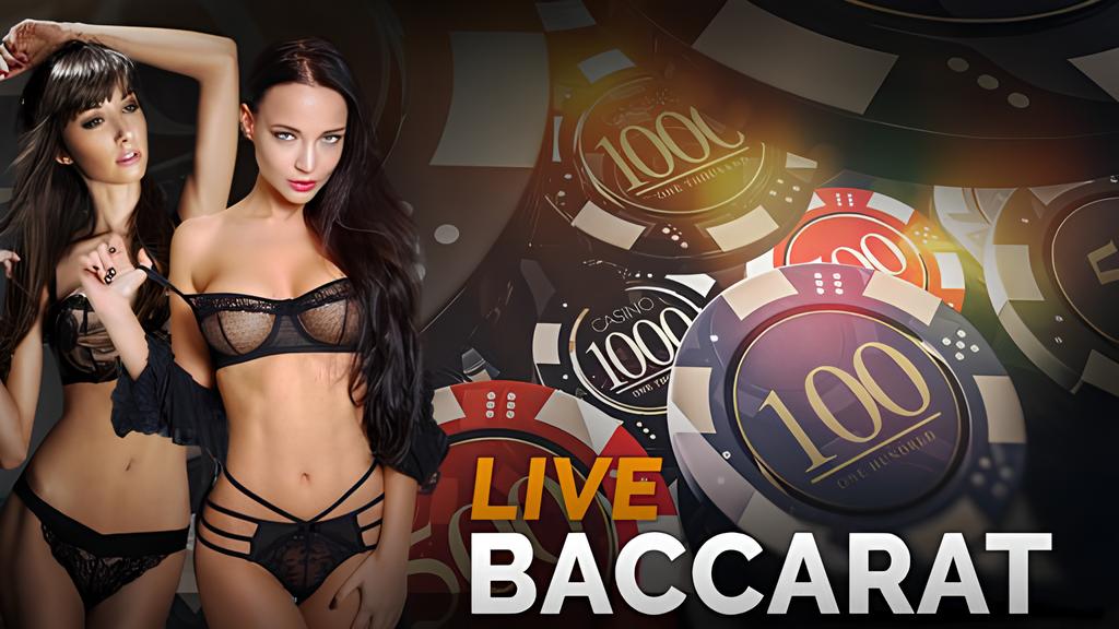 Two women in lingerie posing against a background of sexy baccarat casino chips with the text "Live Baccarat" prominently displayed.