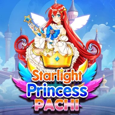 An henatai-style princess with long red hair, angelic wings, and a white and gold gown. She holds a magical staff with a star-shaped tip, standing in front of a castle backdrop under a bright blue sky. The text 'Starlight Princess Pachi' is displayed in colorful font with vibrant wings and a crown below.