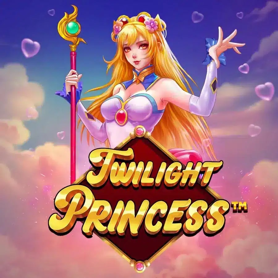 A blonde henatai-style princess with flowing hair, wearing a white and pink dress with gold accents. She holds a golden staff topped with a green gem and crescent flame design, posing gracefully against a dreamy sky filled with heart-shaped clouds. The title 'Twilight Princess' is written in bold golden font on a red diamond-shaped banner.