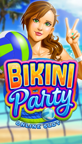 Illustration of a cheerful woman holding a beach volleyball, with the text 'Bikini Party Online Slot' in colorful letters. The background features a sunny beach and palm trees.