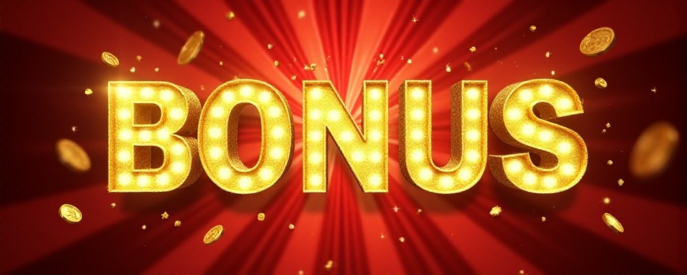 Golden glowing 'BONUS' text with coin graphics on a red background, radiating light beams.