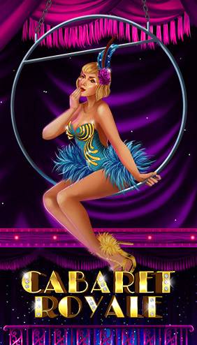 A glamorous and vibrant depiction of a cabaret dancer on a swing, surrounded by luxurious purple and gold tones with the title 'Cabaret Royale.'