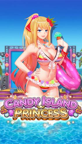 A vibrant illustration featuring a blonde-haired anime-style character wearing a colorful bikini and holding a pink floatation ring. She stands in front of a tropical beachside stage, with blue skies, palm trees, and a sparkling pool completing the backdrop. The title 'Candy Island Princess' is prominently displayed at the bottom in bold, colorful lettering