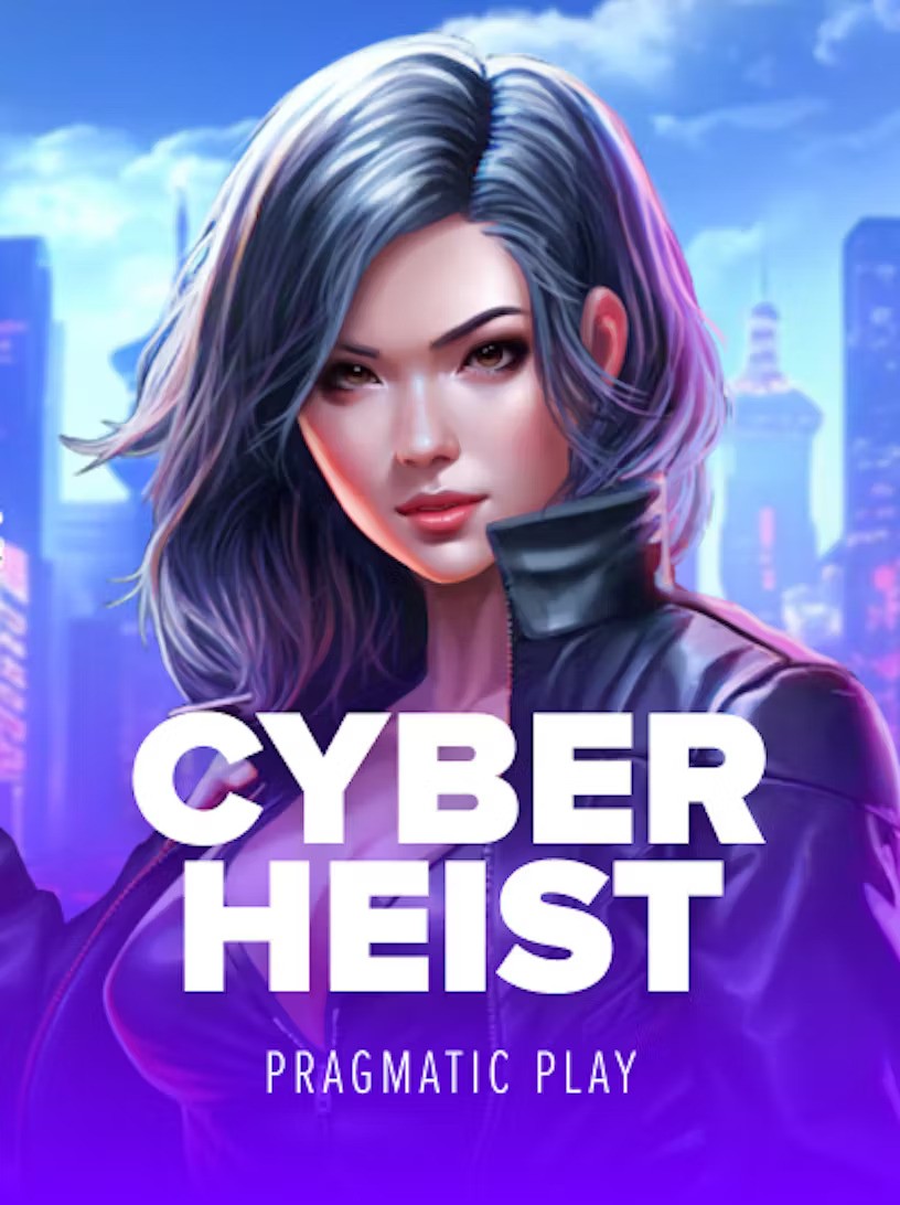 A promotional image for 'Cyber Heist' by Pragmatic Play, showcasing a stylish woman with silver hair wearing a leather jacket, with a futuristic city skyline in the background.