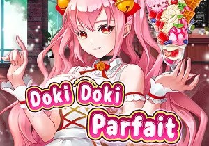 A cheerful hentai-style character with long pink twin-tailed hair, wearing a cute maid-inspired outfit. She holds an elaborate parfait dessert filled with colorful toppings. The title 'Doki Doki Parfait' appears in playful pink and white font over the image.