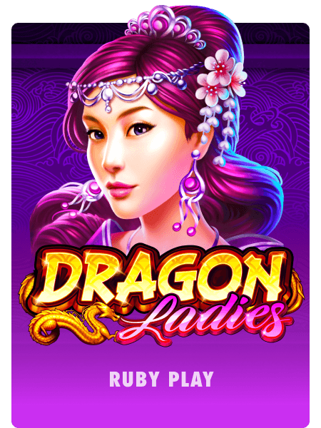 A vibrant poster for 'Dragon Ladies' by Ruby Play, featuring an elegant woman with purple hair adorned with floral jewelry and accessories, set against a purple patterned background.