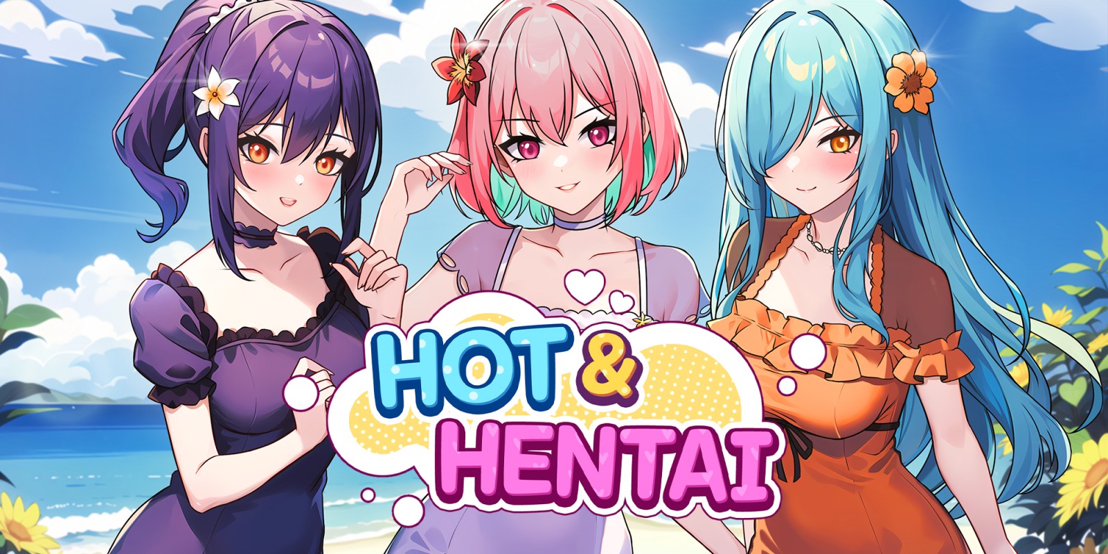 A vibrant illustration of three hentai-style girls at the beach. The girl on the left has purple hair and wears a dark purple dress, the center girl has short pink hair in a lilac dress, and the girl on the right has long teal hair in an orange dress. Each has flowers in their hair, and they stand against a sunny seaside backdrop. The text 'Hot & Hentai' appears in colorful bubble-like font at the bottom.