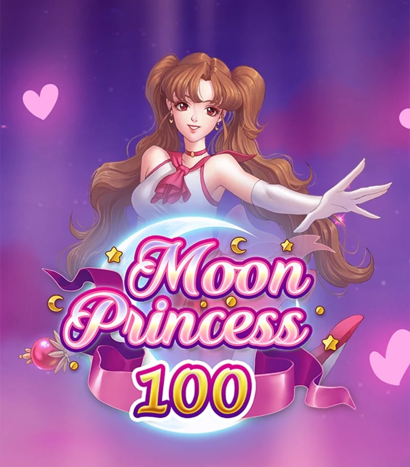 An hentai-style brunette princess with long, flowing hair styled in twin ponytails, wearing a white and pink outfit with gloves. She poses gracefully with her arm extended, surrounded by glowing pink hearts and a luminous moon. The text 'Moon Princess 100' is displayed in bold pink and yellow font beneath her.