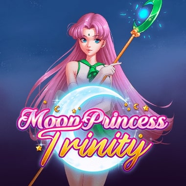 A vibrant hentai-style princess with long pink hair and a green outfit, holding a glowing staff topped with a crescent moon. She stands confidently in front of a glowing moon, with the title 'Moon Princess Trinity' written in elegant pink and green font below