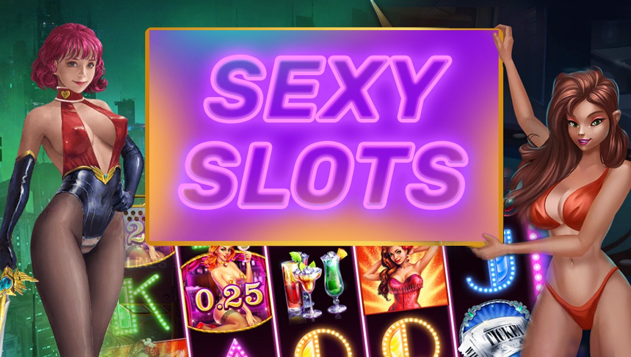 A neon-themed nude slot game with glamorous characters dressed in eye-catching outfits. The screen displays slot reels with cocktail and nightlife-inspired symbols.