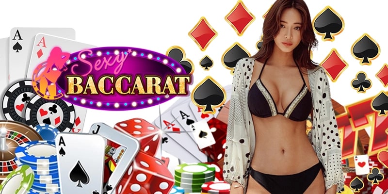 A woman in a bikini posing with playing cards and poker chips, accompanied by the text Sexy Baccarat in a neon-style font.