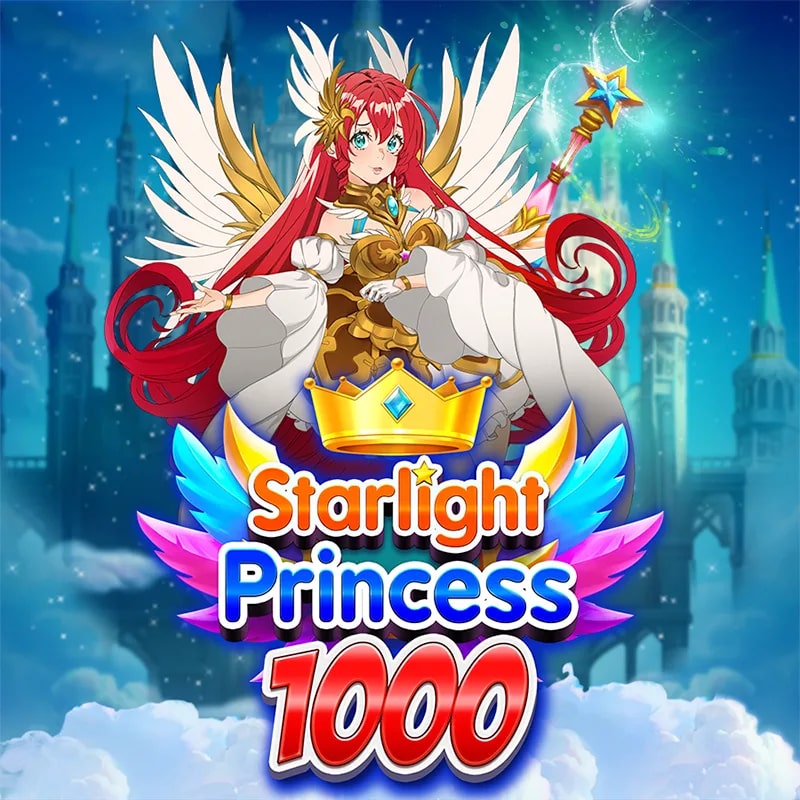 A majestic hentai-style princess with long red hair, angelic wings, and a white and gold gown. She holds a magical staff while sitting on a golden throne, surrounded by a celestial backdrop with castle spires in the distance. The text 'Starlight Princess 1000' is prominently displayed in colorful font beneath her.